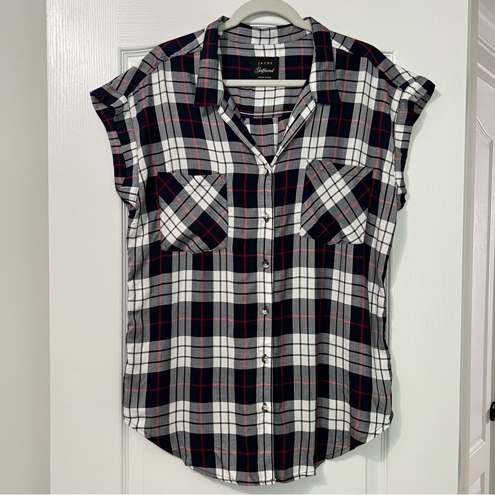 JACHS Girlfriend Blue and Red Plaid Short Sleeve Button Down Shirt